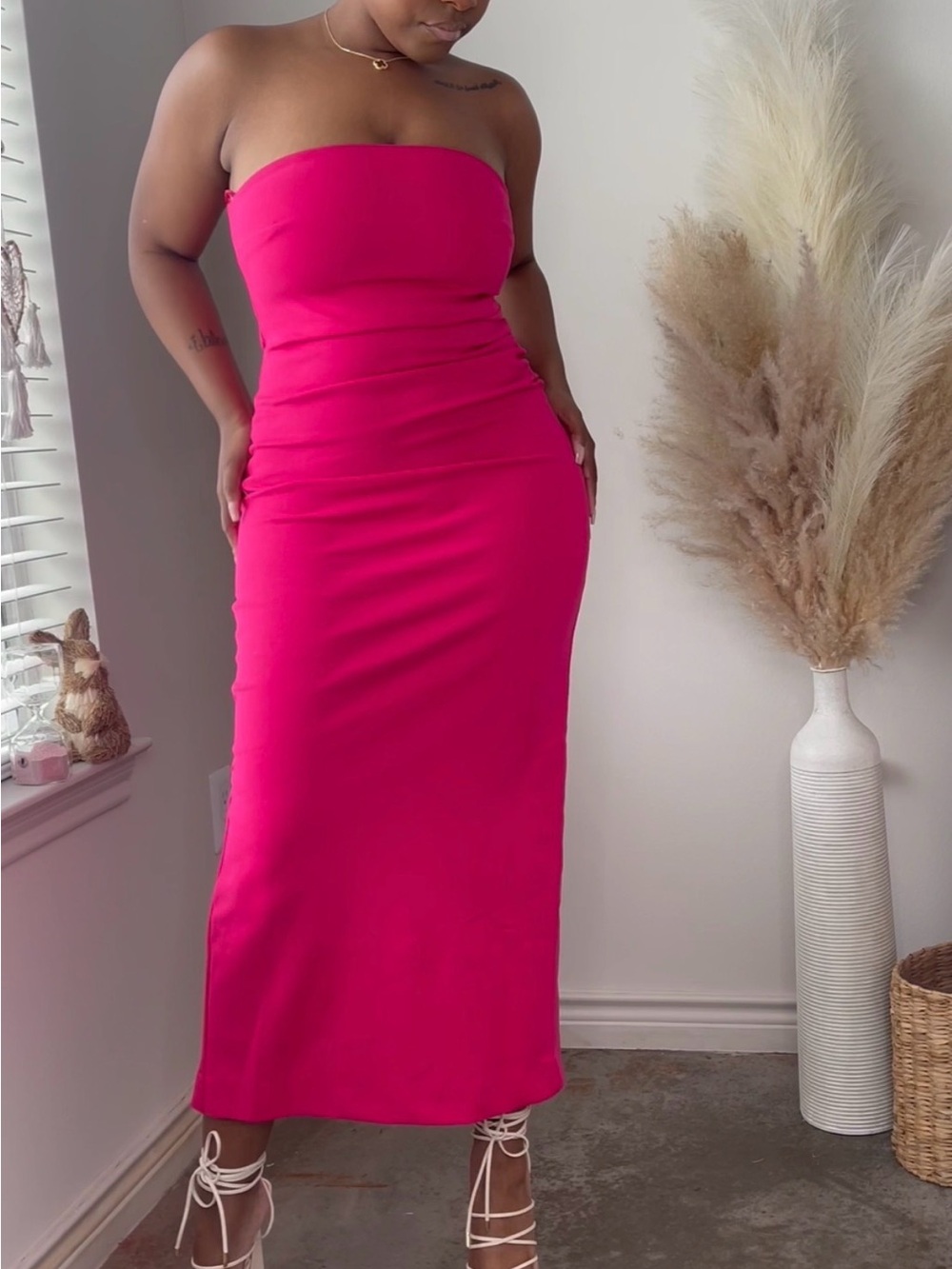 Zara Strapless Hot Pink Bodycon Midi Dress